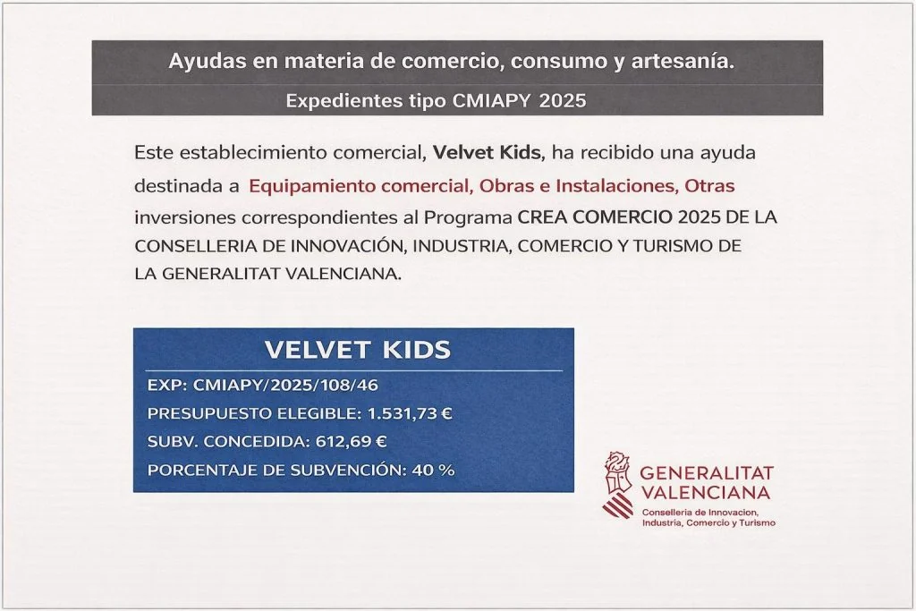 Ayudas en materia de comercio, consumo y artesanía. Expedientes tipo CMIAPY 2025. Este establecimiento comercial, Velvet Kids, ha recibido una ayuda destinada a equipamiento comercial, obras e instalaciones y otras inversiones correspondientes al Programa CREA COMERCIO 2025 de la Conselleria de Innovación, Industria, Comercio y Turismo de la Generalitat Valenciana. Expediente CMIAPY/2025/108/46. Presupuesto elegible: 1.531,73 €. Subvención concedida: 612,69 €. Porcentaje de subvención: 40 %.
